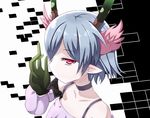  binsen blue_hair c_(control) collar eating head_wings horns midas_money pointy_ears q_(control) red_eyes short_hair simple_background solo 