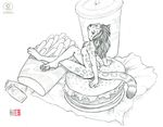  black_and_white burger cute feline female food fries greyscale hindpaw kacey ketchup leopard looking_at_viewer mammal micro monochrome nude paws plain_background sitting sketch soda solo white_background 