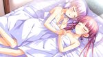  2girls bed bed_sheet blanket blush closed_eyes covers cute eyes_closed female flat_chest hand_holding highres holding_hands innocent legs loli long_hair lying lying_down multiple_girls on_back open_mouth pillow pink_hair sheets short_hair shoulders sleeping twintails yuri 