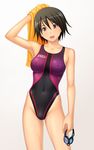  armpits black_hair breasts brown_eyes competition_swimsuit covered_nipples face fang goggles highres kuri_(kurigohan) medium_breasts one-piece_swimsuit original short_hair skindentation solo speedo_(company) swimsuit towel 