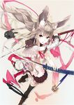  :o animal_ears black_legwear boots bunny_ears chakram copyright_request detached_sleeves dual_wielding from_above grey_hair heterochromia holding katana light_brown_hair looking_at_viewer nil perspective ribbon solo sword tail thighhighs v-shaped_eyebrows weapon x_arms 