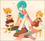  1girl 2boys ???&times;_(nekokanmaru) aqua_eyes arm_warmers bass_clef belt blonde_hair bow boy coat female gift girl hair_bow hair_ornament hairpin kagamine_len kagamine_rin kaito male multiple_boys pants ponytail sailor_collar scarf shorts sitting skirt star treble_clef vocaloid â–³â—‹â–¡ã—_(nekokanmaru) é««ï½¨ç¹ï½»ãƒ»ï½½ãƒ»ï½³é««ï½¨ãƒ»ï½³é¬©ï½«ï¾‚â€é™·ï½»ãƒ»ï½³ã—_(nekokanmaru) 