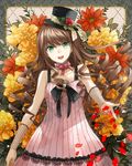  :d bare_shoulders brown_hair collarbone dress drill_hair fishnets flower green_eyes hat highres mini_hat mini_top_hat open_mouth original petals ryou_(kimagure) smile solo top_hat 