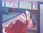  black_hair bow dress head_rest houraisan_kaguya long_hair long_sleeves lying on_back one_eye_closed red_eyes smile smirk solo tatami touhou yukitarou_(awamori) 