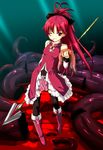  blood food fumihiro grin long_hair mahou_shoujo_madoka_magica mouth_hold one_eye_closed pocky polearm red_eyes red_hair sakura_kyouko smile solo spear tentacles thighhighs weapon 