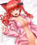  alternate_hairstyle animal_ears bed_sheet blush bottomless bow braid breasts cat_ears cleavage extra_ears fangs groin hair_bow highres hood hoodie kaenbyou_rin large_breasts lying naked_hoodie navel no_bra on_back one_eye_closed open_clothes open_mouth open_shirt red_eyes red_hair saliva sheet_grab shirt solo tears touhou upper_body y2 