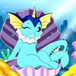  blink blinking brown_eyes crossed_legs feet furry legs_crossed no_humans paws pokemon shell sitting smile tail vaporeon 