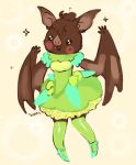  2019 4_fingers anthro biped brown_ears brown_fur brown_wings chiropteran clothing cute_fangs digital_media_(artwork) dress female footwear full-length_portrait fur legwear mammal membranous_wings open_mouth open_smile portrait scorci shoes simple_background slippers smile solo standing stockings thigh_highs white_background winged_arms wings 