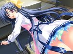  apron blue_hair bow dutch_angle game_cg green_panties hair_bow hiyama_riko long_hair long_sleeves looking_back open_mouth panties red_eyes sakura_bitmap solo suzuhira_hiro underwear upskirt 