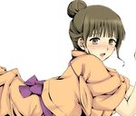  asamine blush brown_eyes brown_hair hair_bun hanasaku_iroha japanese_clothes kimono kissuisou_uniform nakai_(waitress) open_mouth oshimizu_nako solo sweat tears 