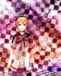  belt boy bracelet checkered checkered_background ekographartsign grin headphones headset hibiki_lui highres jewelry male male_focus orange_eyes orange_hair short_sleeves smile swordwaltz vocaloid vocaloid3 