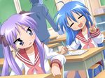 2girls blue_hair classroom desk game_cg happy hiiragi_kagami izumi_konata long_hair lucky_star multiple_girls pencil purple_hair raki_kosu school_uniform serafuku smile v 