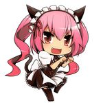  akiha_rumiho animal_ears cat_ears chibi fang maid maid_headdress open_mouth paw_pose pink_hair red_eyes simple_background solo steins;gate tail tom_(drpow) twintails 