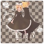  1boy 1girl back blonde_hair bow boy boy_and_girl checkered checkered_background coat female from_behind girl hair_bow hasurino_(kotorikko) highres kagamine_len kagamine_rin knife male nazokake_(vocaloid) open_mouth ornament ponytail popped_collar red_eyes shoes skirt vocaloid white_legwear 