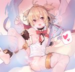  1girl :d andira_(granblue_fantasy) animal_ears bare_shoulders blonde_hair blush breasts commentary_request erune eyes_visible_through_hair granblue_fantasy hair_between_eyes hairband heart heart-shaped_pupils leotard leotard_aside looking_at_viewer monkey_ears nipples open_mouth pink_eyes pussy sawayaka_samehada see-through small_breasts smile solo spoken_heart spread_legs symbol-shaped_pupils thighhighs two_side_up white_leotard 