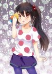  bad_id bad_pixiv_id black_hair brown_eyes k-on! listen!! long_hair megu_(littlestar) nakano_azusa pantyhose polka_dot side_ponytail solo star 