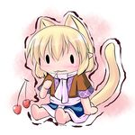  animal_ears blonde_hair cat_ears cat_tail cherry chibi eating extra_ears food fruit holding holding_food holding_fruit hoshizuki_(seigetsu) kemonomimi_mode mizuhashi_parsee puru-see scarf sitting solo tail touhou trembling |_| 