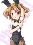  animal_ears arm_up armpits brown_eyes brown_hair bunny_ears bunnysuit fang fishnet_pantyhose fishnets flat_chest magnifying_glass masakichi_(crossroad) pantyhose short_hair sister_princess solo twintails yotsuba_(sister_princess) 