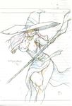 absurdres bare_shoulders breasts detached_sleeves dragon's_crown dress hat hat_over_one_eye highres large_breasts long_hair side_slit sketch solo sorceress_(dragon's_crown) staff strapless strapless_dress witch_hat yamazaki_(now_printing) 