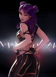  adjusting_clothes arm_ribbon ass bangle bangs black_gloves bracelet braid breasts commentary cowboy_shot double_bun english_commentary eyeliner fingerless_gloves from_behind gloves idol jewelry k/da_(league_of_legends) k/da_kai'sa kai'sa league_of_legends lips looking_back makeup medium_breasts medium_hair mike_nesbitt pants parted_bangs purple_eyes purple_hair purple_lips ribbon side_braid skin_tight solo 