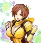  big_breasts breasts brown_eyes brown_hair chidorism cleavage female hair_ornament large_breasts leotard nene open_mouth ribbon scarf sengoku_musou sengoku_musou_2 sengoku_musou_3 short_hair solo yellow_ribbon 