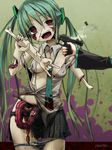  battle_damage bite_marks blood bone erect_nipples green_hair gun guro hatsune_miku intestines no_bra panties panty_pull red_eyes skirt snail striped_panties tie torn_clothes twintails vocaloid zipper zombie 