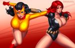  2girls avengers batman_(series) batwoman black_gloves black_hair black_widow blue_eyes bodysuit breasts cleavage dc_comics female fighting gloves highres huge_breasts impossible_bodysuit impossible_clothes lips lipstick makeup marvel mask multiple_girls natasha_romanoff original punching red_gloves spandex superhero svoidist 