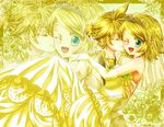  1boy 1girl arm_gloves bare_shoulders blonde_hair blush boy bride carrying diadem dress etsuo_(len1827) female frame girl green_eyes groom hands_on_shoulder incest jacket kagamine_len kagamine_rin male necktie one_eye_closed open_mouth ponytail popped_collar vocaloid wedding_dress white_jacket wink zoom_layer 