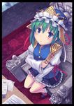  absurdres bad_id bad_pixiv_id blue_eyes chair green_hair hat highres rod_of_remorse shiki_eiki sitting solo touhou yinzhai 