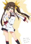  2011 bare_shoulders brown_hair dated errant fang green_eyes hand_on_hip huang_lingyin infinite_stratos long_hair open_mouth outstretched_arm solo twintails uniform 