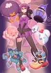  artist_request breasts chandelure character_request cleavage cofagrigus drifblim elite_four erect_nipples froslass glasses golurk jellicent kohi pokemon purple_eyes purple_hair shikimi_(pokemon) 