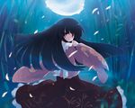  bamboo black_hair bow dress from_behind houraisan_kaguya japanese_clothes long_hair looking_back moon night petals red_eyes smile solo touhou yukitarou_(awamori) 