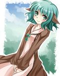  animal_ears blush dress green_eyes green_hair hands_clasped kasodani_kyouko miyakure own_hands_together short_hair smile solo touhou v_arms 