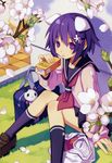  absurdres animal_ears bag cherry_blossoms copyright_request dog_ears drinking_straw flower highres huge_filesize juice_box petals purple_eyes purple_hair school_bag school_uniform serafuku sitting sweater tsunako 