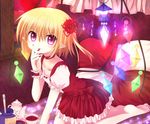  barefoot blonde_hair chandelier cup flandre_scarlet haiiro_(immature) pointy_ears ponytail purple_eyes red_eyes short_hair side_ponytail solo teacup teapot touhou wings wrist_cuffs 