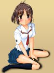  blush brown_eyes brown_hair highres kibina_high_school_uniform kimi_kiss looking_at_viewer no_panties pubic_hair sakino_asuka school_uniform shiukichi short_hair shorts_tan simple_background sitting skirt smile socks solo tan tanline wariza 