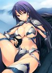  amei_sumeru armor bikini_armor breasts bridal_gauntlets cleavage dragon earrings highres jewelry large_breasts legs long_hair midriff navel original purple_hair red_eyes skindentation solo thighs vambraces 