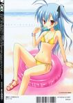  bikini blue_hair comic_0ex cover cover_page food highres innertube komiya_yuuta nail_polish non-web_source orange_nails popsicle red_eyes side-tie_bikini solo swimsuit toenail_polish 