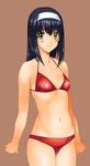  akiba_youko bad_id bad_pixiv_id bangs bikini black_hair blush breasts brown_background clenched_hands covered_nipples cowboy_shot green_eyes hairband kamia_(not_found) looking_at_viewer navel original red_bikini shiny shiny_hair simple_background small_breasts smile solo standing swimsuit wide_hips 