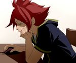  bored gradient gradient_background inazuma_eleven inazuma_eleven_(series) male male_focus mouse nagumo_haruya red_hair redhead solo 