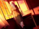  blazer blonde_hair blue_eyes braid classroom curtains desk game_cg glasses gun-katana indoors jacket justine_emma_genevieve_delacroix kneehighs long_hair reflection school_desk school_uniform skirt socks solo sunset twin_braids twintails ueda_metawo very_long_hair window 