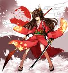  eiji_(eiji) hannya hinomoto_oniko horns japanese_clothes kimono leaf legs maple_leaf naginata nail_polish oni_horns original polearm red_nails red_sun sandals single_thighhigh solo spear sword thighhighs weapon 