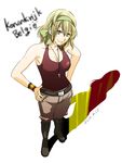  :3 asato_(turuga36) axis_powers_hetalia bad_id bad_pixiv_id belgium_(hetalia) belt between_breasts blonde_hair boots breasts cleavage cross from_above green_eyes hair_ribbon hands_on_hips jewelry large_breasts necklace ribbon shadow solo tank_top wristband 