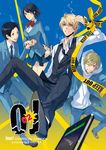  3boys black_hair blonde_hair blue_eyes bob_cut bow bowtie breasts caution_tape cellphone cigarette durarara!! glasses heiwajima_shizuo jonohara keep_out kida_masaomi large_breasts multiple_boys phone red_eyes ryuugamine_mikado school_uniform short_hair sonohara_anri sunglasses tuxedo vest yellow_eyes 