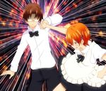  1girl apron blocking couple epic fighting glasses hair_ornament hairpin hetero hijiri-tukasa inami_mahiru orange_eyes orange_hair punching takanashi_souta waitress working!! 