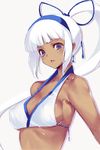  bare_shoulders blue_eyes breasts cleavage covered_nipples dark_skin hairband highres kawata_hisashi large_breasts long_hair majikina_mina ponytail ribbon samurai_spirits sideboob snk solo white_hair 