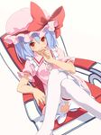  bad_id bad_pixiv_id blue_hair chair crossed_legs hat okaki red_eyes remilia_scarlet ribbon short_hair sitting solo thighhighs touhou 