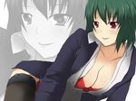  ashino_moto breasts business_suit cleavage contemporary downblouse formal green_hair kazami_yuuka large_breasts open_clothes open_shirt panties red_eyes shirt solo suit thighhighs touhou underwear zoom_layer 