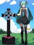  aqua_eyes aqua_hair bad_id bad_pixiv_id bouquet cloud cross day dress flower grass grave hatsune_miku highres hijiri_(resetter) legs long_hair long_legs palette_world_breakdown_(vocaloid) sky solo thighhighs tombstone twintails very_long_hair vocaloid wreath wrist_cuffs zettai_ryouiki 