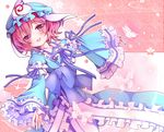  bad_id bad_pixiv_id blue_dress blush bug butterfly cherry_blossoms dress hat insect long_sleeves nekosugi_(hoshi) open_mouth outstretched_arms pink_eyes pink_hair ribbon saigyouji_yuyuko short_hair smile solo touhou 